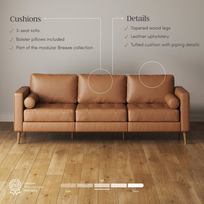 Canapé Breeze Mid-Century Modern, canapé en cuir avec coussin capitonné et cadre en bois massif