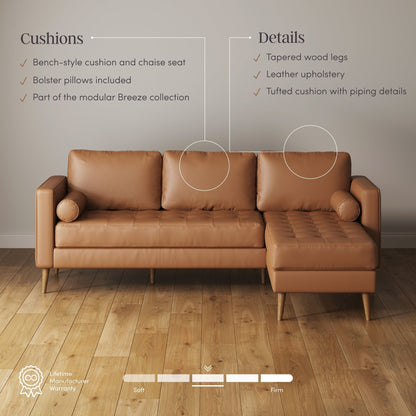 Canapé Breeze Mid-Century Modern, canapé en cuir avec coussin capitonné et cadre en bois massif
