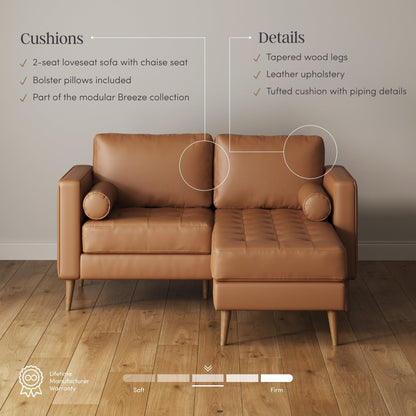 Canapé Breeze Mid-Century Modern, canapé en cuir avec coussin capitonné et cadre en bois massif