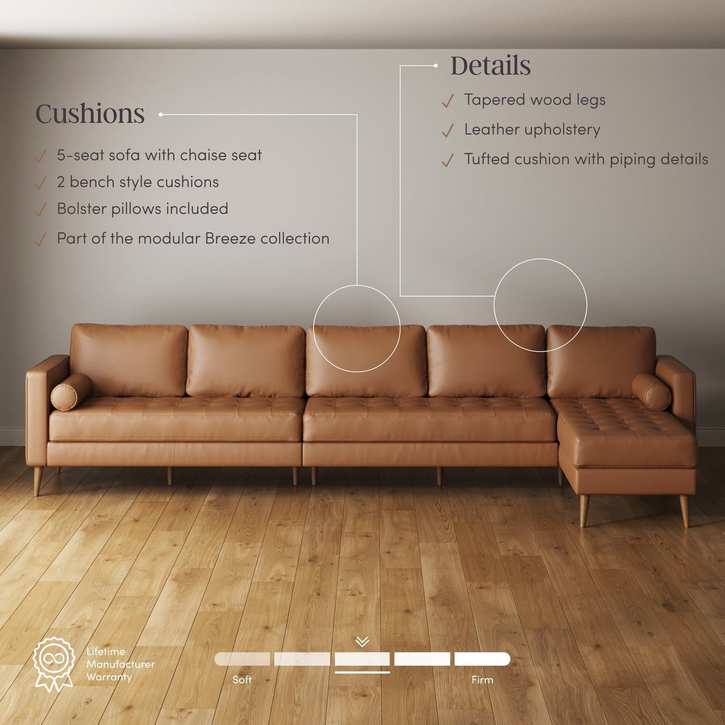 Canapé Breeze Mid-Century Modern, canapé en cuir avec coussin capitonné et cadre en bois massif