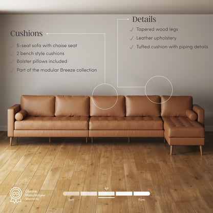 Canapé Breeze Mid-Century Modern, canapé en cuir avec coussin capitonné et cadre en bois massif