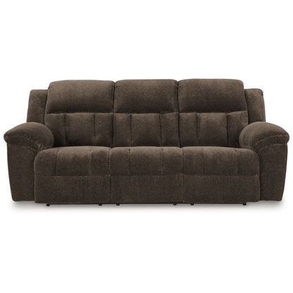 Canapé inclinable manuel Briar en polyester marron, accoudoirs coussinés, 230 cm