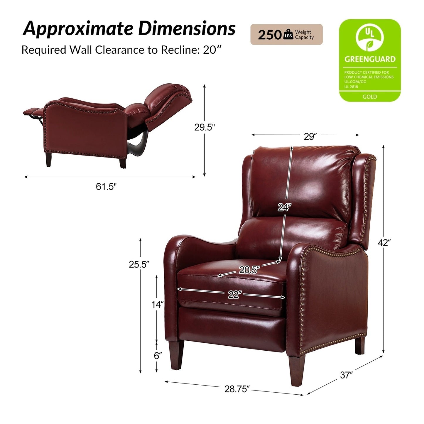 Fauteuil inclinable moderne Brigida en cuir véritable avec garniture cloutée et repose-pieds réglable, lot de 2 par HULALA HOME