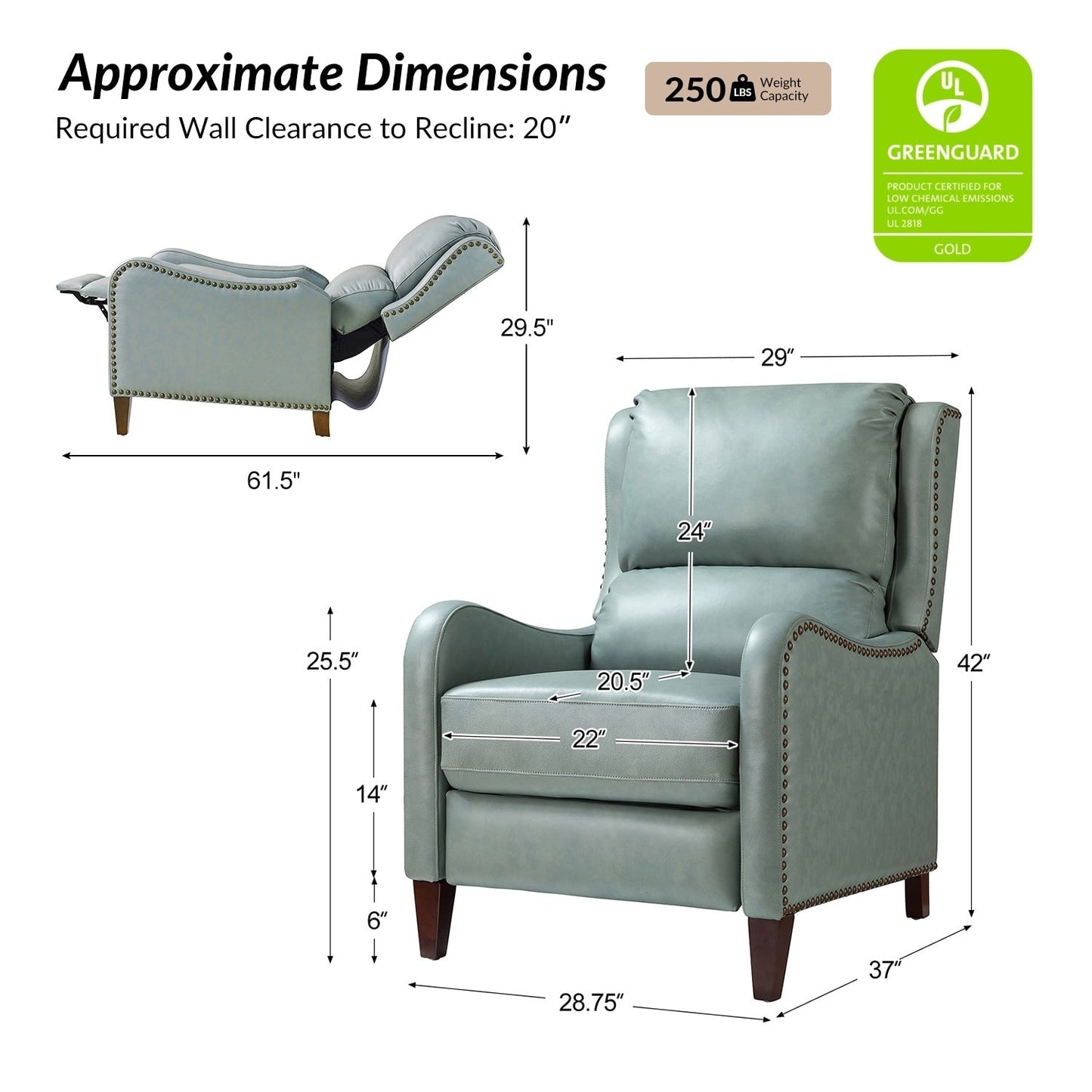 Fauteuil inclinable moderne Brigida en cuir véritable avec garniture cloutée et repose-pieds réglable, lot de 2 par HULALA HOME