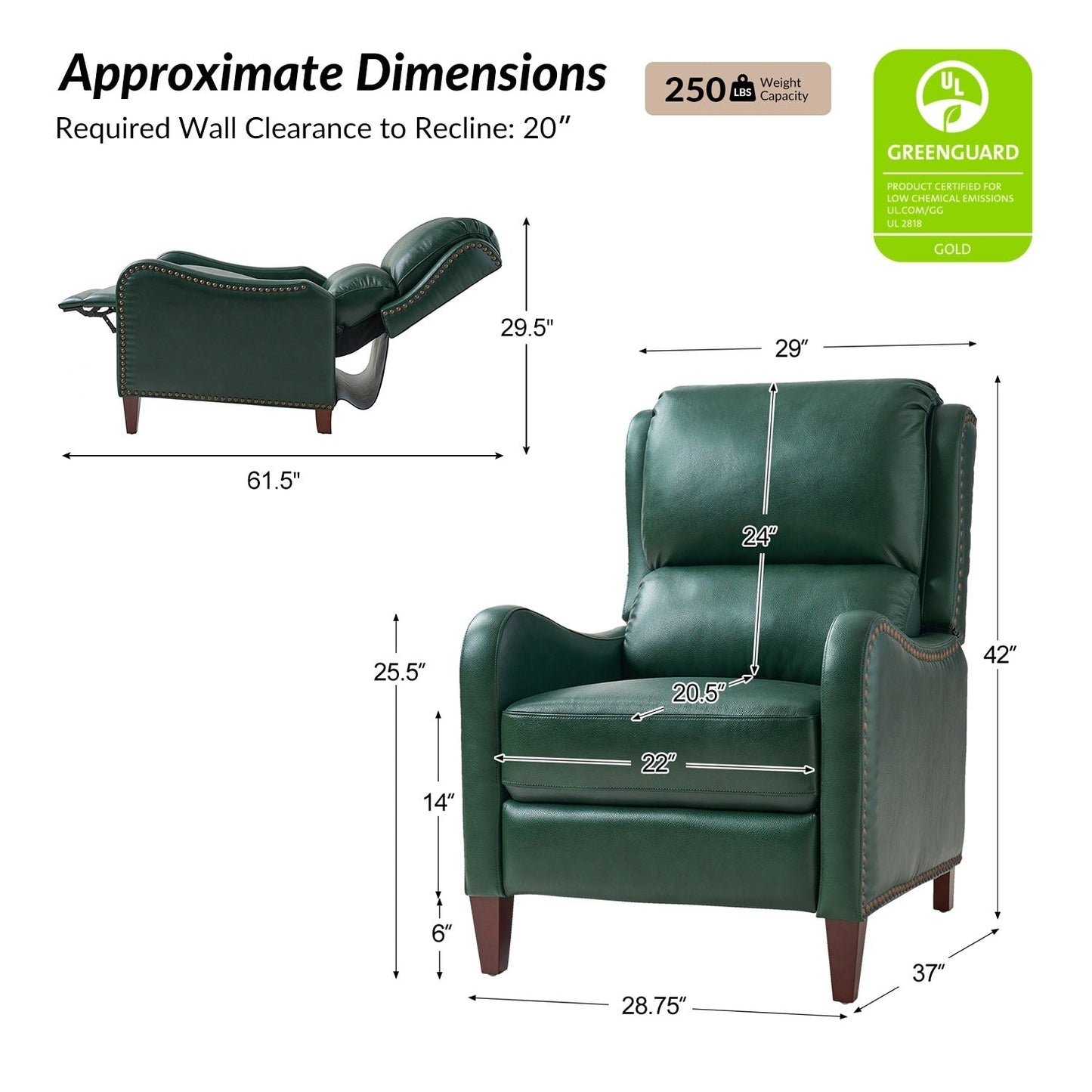 Fauteuil inclinable moderne Brigida en cuir véritable avec garniture cloutée et repose-pieds réglable, lot de 2 par HULALA HOME