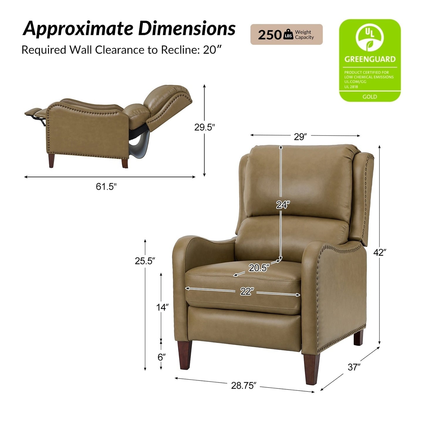 Fauteuil inclinable moderne Brigida en cuir véritable avec garniture cloutée et repose-pieds réglable, lot de 2 par HULALA HOME