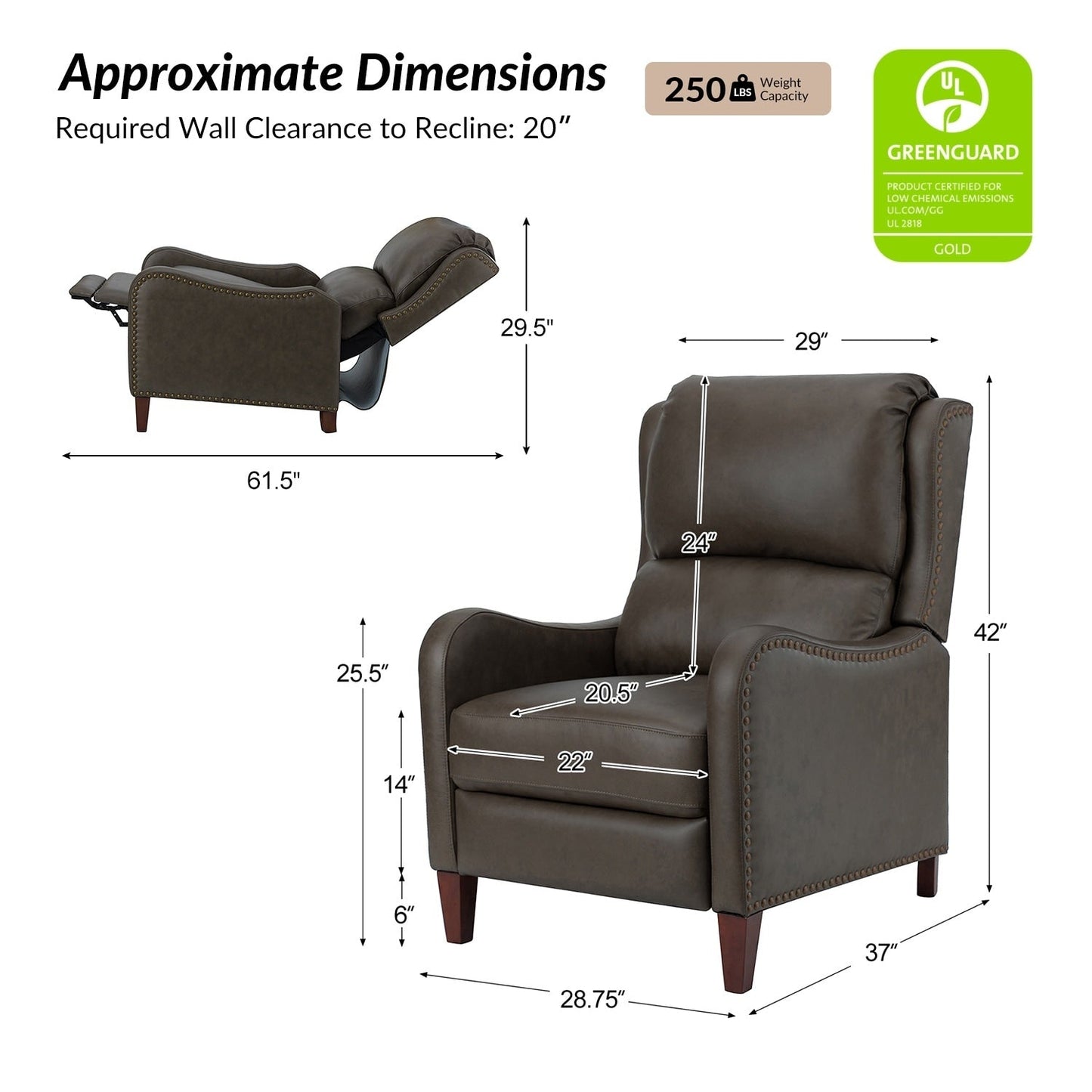 Fauteuil inclinable moderne Brigida en cuir véritable avec garniture cloutée et repose-pieds réglable, lot de 2 par HULALA HOME