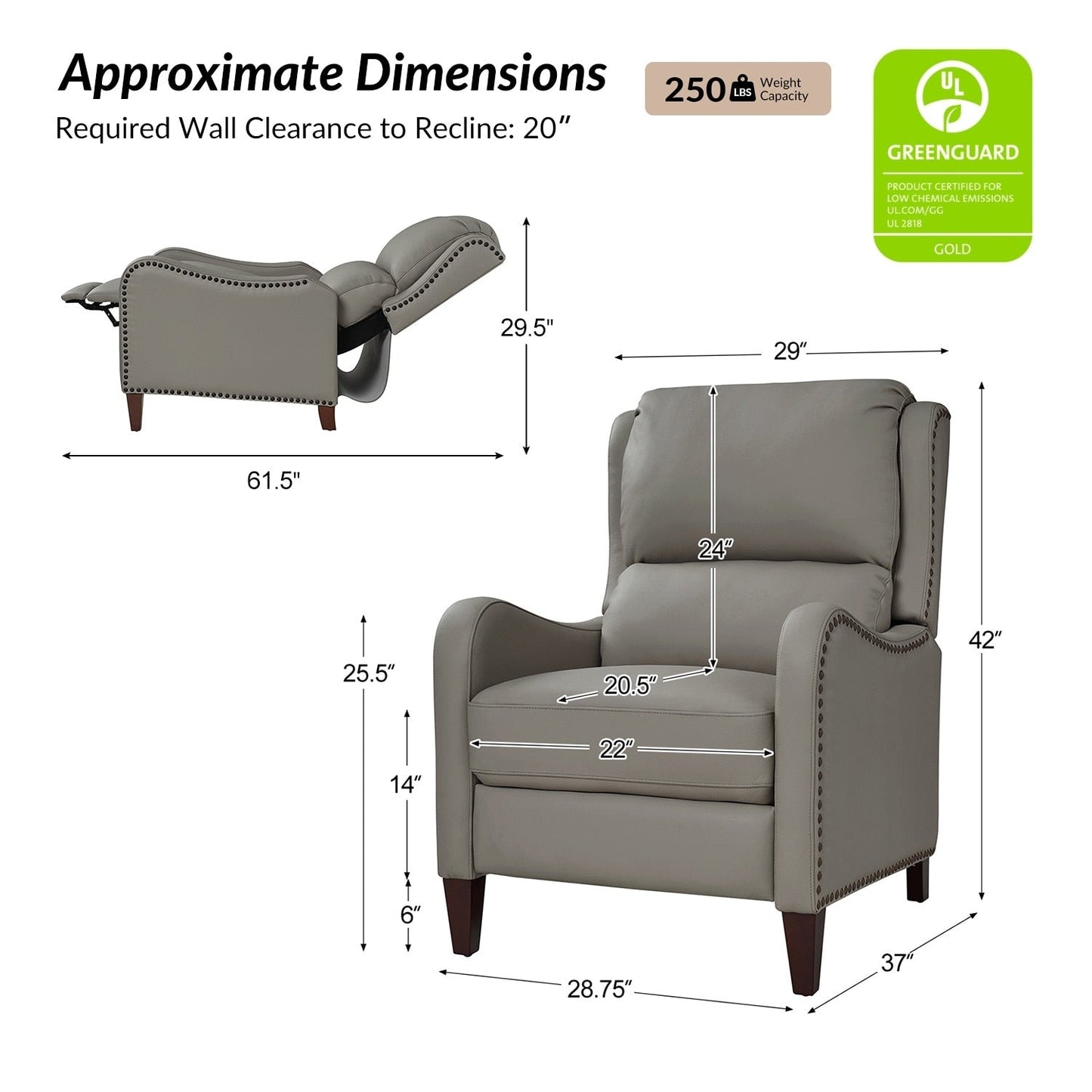 Fauteuil inclinable moderne Brigida en cuir véritable avec garniture cloutée et repose-pieds réglable, lot de 2 par HULALA HOME