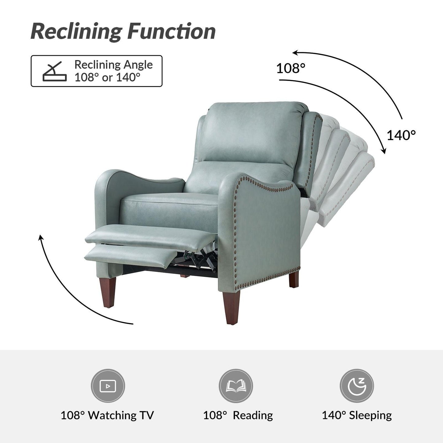 Fauteuil inclinable moderne Brigida en cuir véritable avec garniture cloutée et repose-pieds réglable, lot de 2 par HULALA HOME