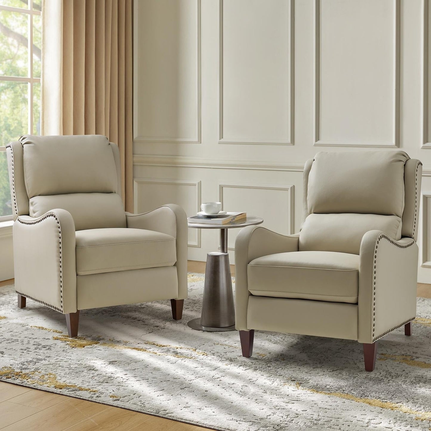 Fauteuil inclinable moderne Brigida en cuir véritable avec garniture cloutée et repose-pieds réglable, lot de 2 par HULALA HOME