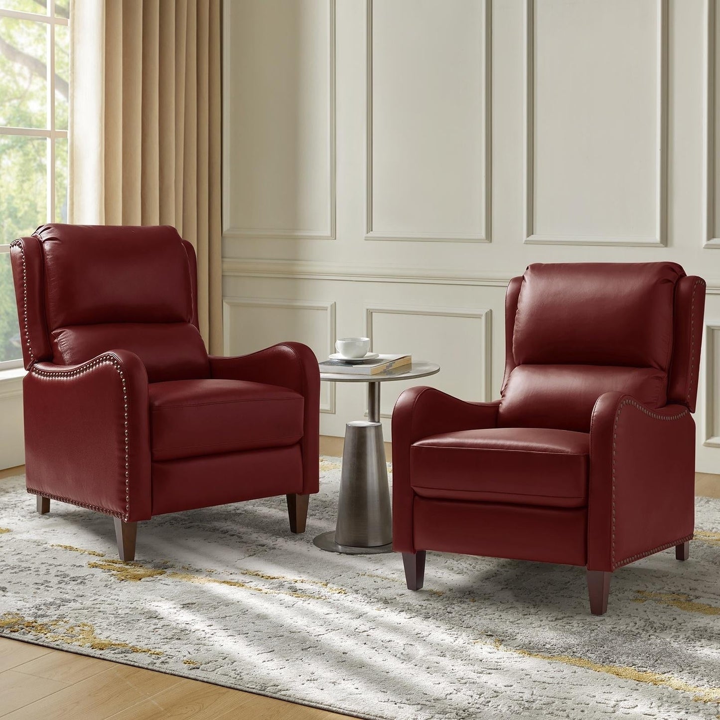 Fauteuil inclinable moderne Brigida en cuir véritable avec garniture cloutée et repose-pieds réglable, lot de 2 par HULALA HOME