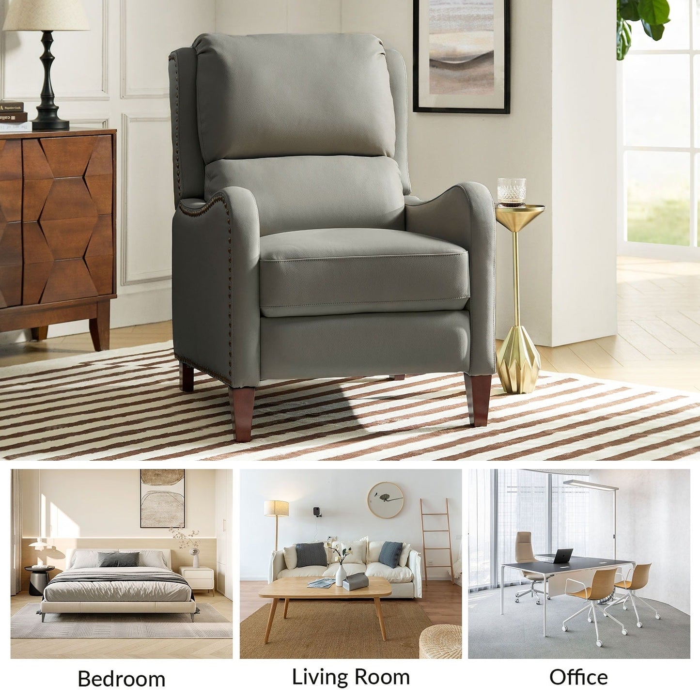 Fauteuil inclinable moderne Brigida en cuir véritable avec garniture cloutée et repose-pieds réglable, lot de 2 par HULALA HOME