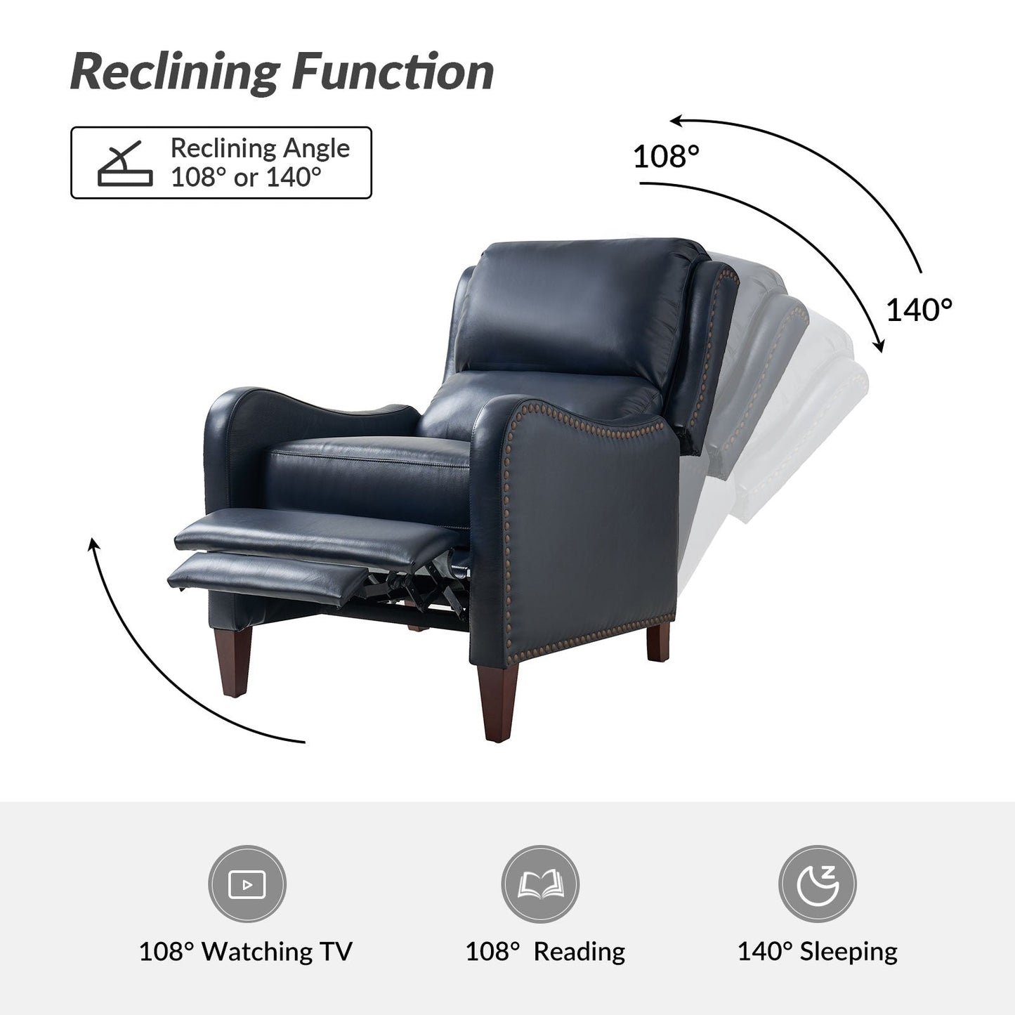 Fauteuil inclinable moderne Brigida en cuir véritable avec garniture cloutée et repose-pieds réglable, lot de 2 par HULALA HOME