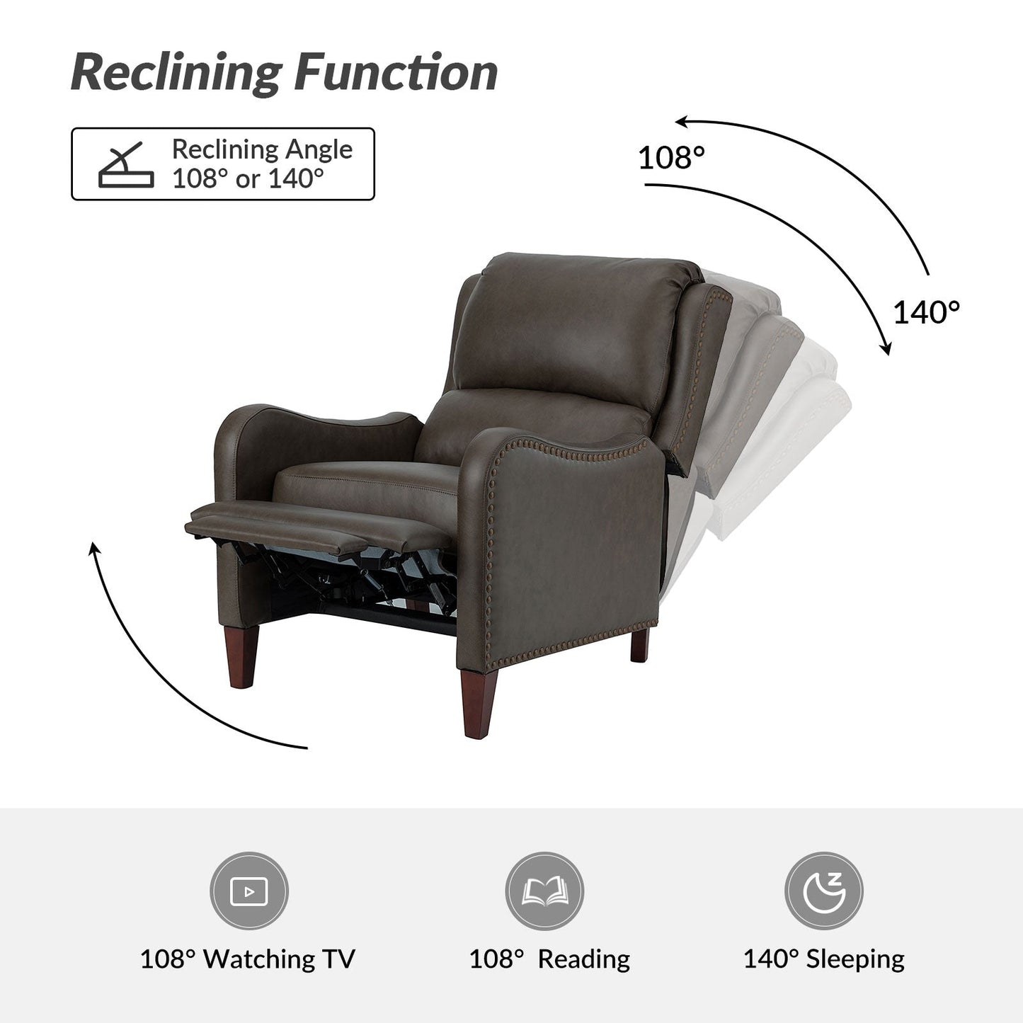 Fauteuil inclinable moderne Brigida en cuir véritable avec garniture cloutée et repose-pieds réglable, lot de 2 par HULALA HOME