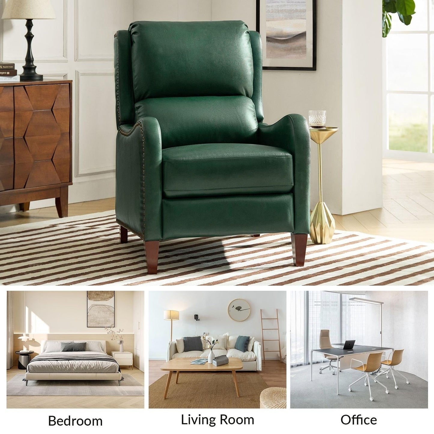 Fauteuil inclinable moderne Brigida en cuir véritable avec garniture cloutée et repose-pieds réglable, lot de 2 par HULALA HOME