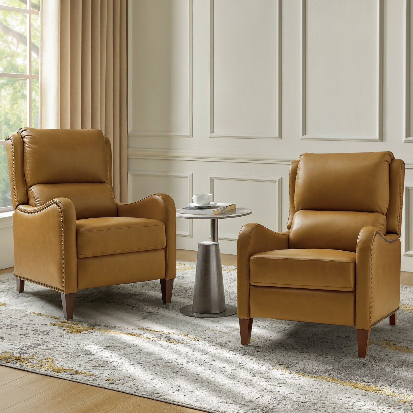 Fauteuil inclinable moderne Brigida en cuir véritable avec garniture cloutée et repose-pieds réglable, lot de 2 par HULALA HOME