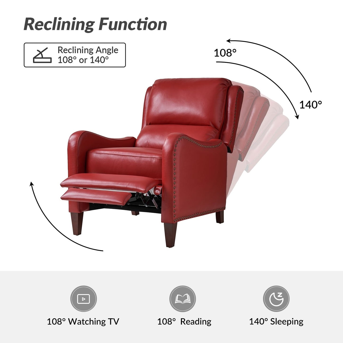 Fauteuil inclinable moderne Brigida en cuir véritable avec garniture cloutée et repose-pieds réglable, lot de 2 par HULALA HOME