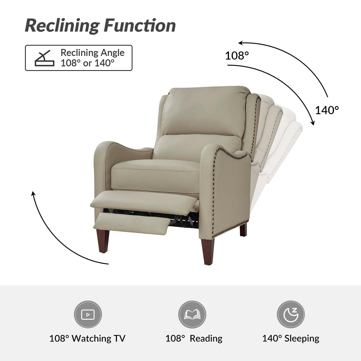 Fauteuil inclinable moderne Brigida en cuir véritable avec garniture cloutée et repose-pieds réglable, lot de 2 par HULALA HOME