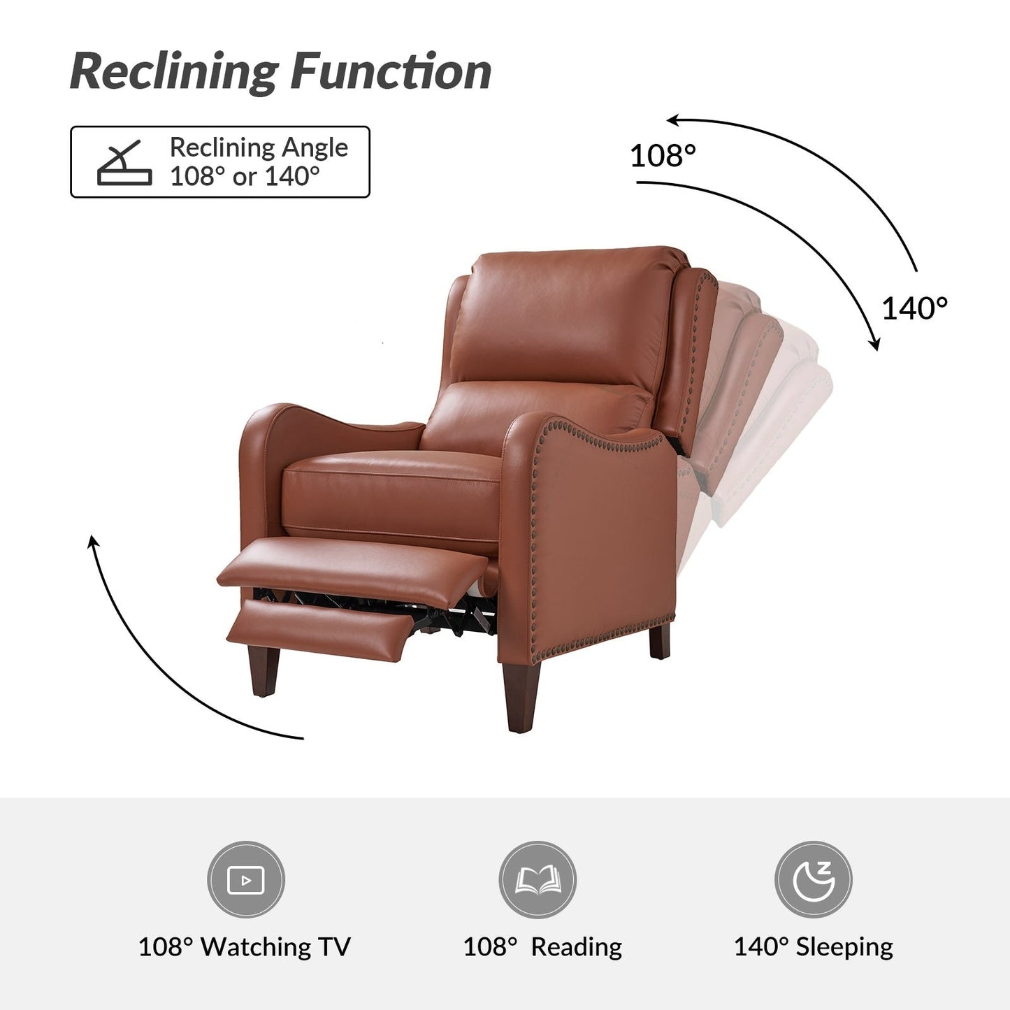 Fauteuil inclinable moderne Brigida en cuir véritable avec garniture cloutée et repose-pieds réglable, lot de 2 par HULALA HOME