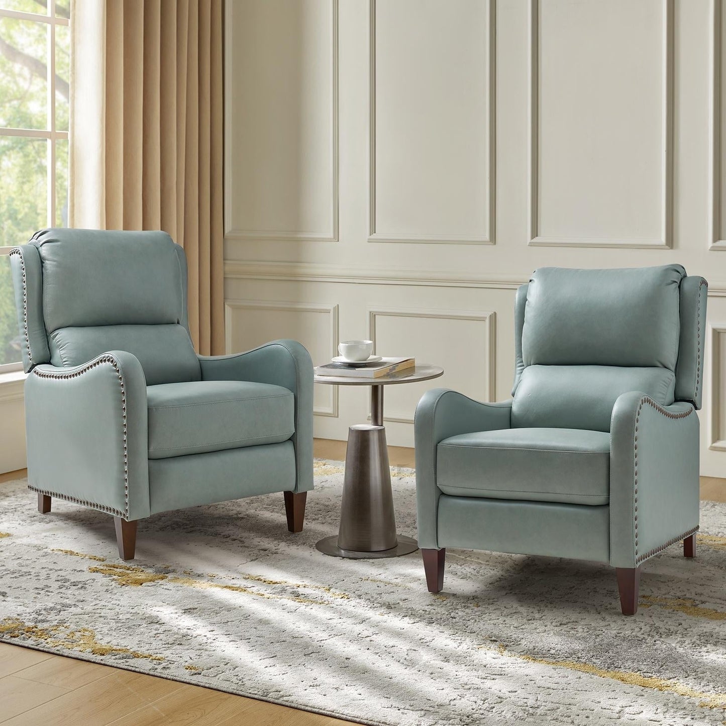 Fauteuil inclinable moderne Brigida en cuir véritable avec garniture cloutée et repose-pieds réglable, lot de 2 par HULALA HOME