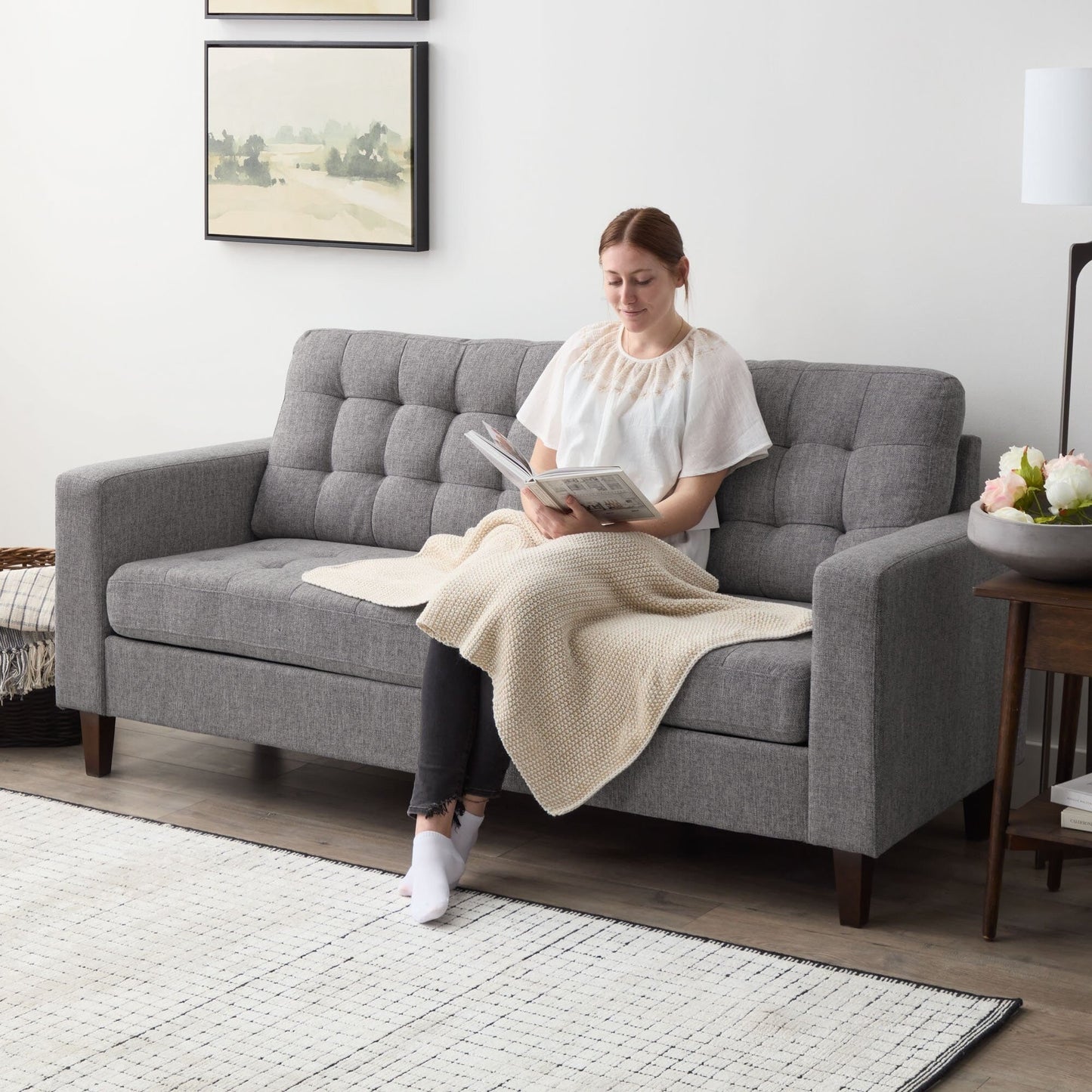 Canapé Brookside Brynn de 76 po à accoudoirs carrés en similicuir/velours/tissu