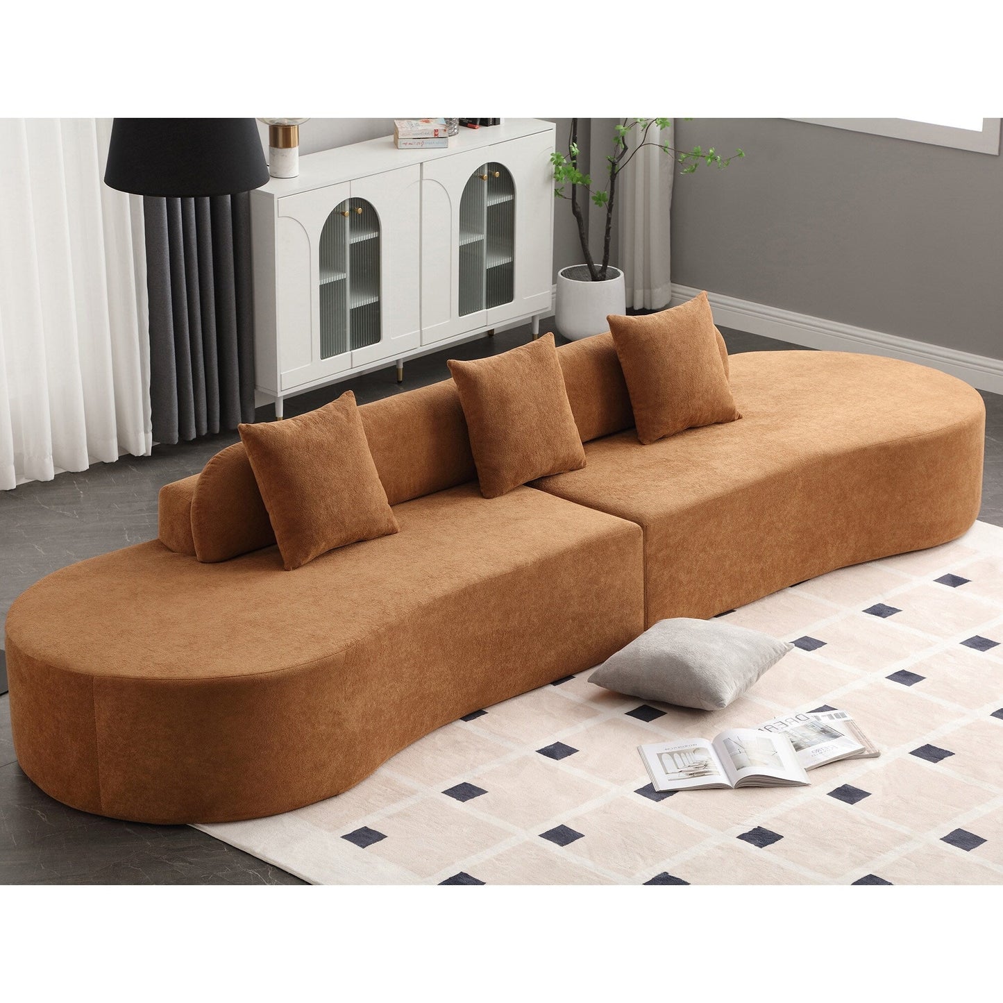 Canapé modulaire incurvé marron de 130,5 po au design ergonomique, tissu haute résilience et 3 coussins, aucun assemblage requis