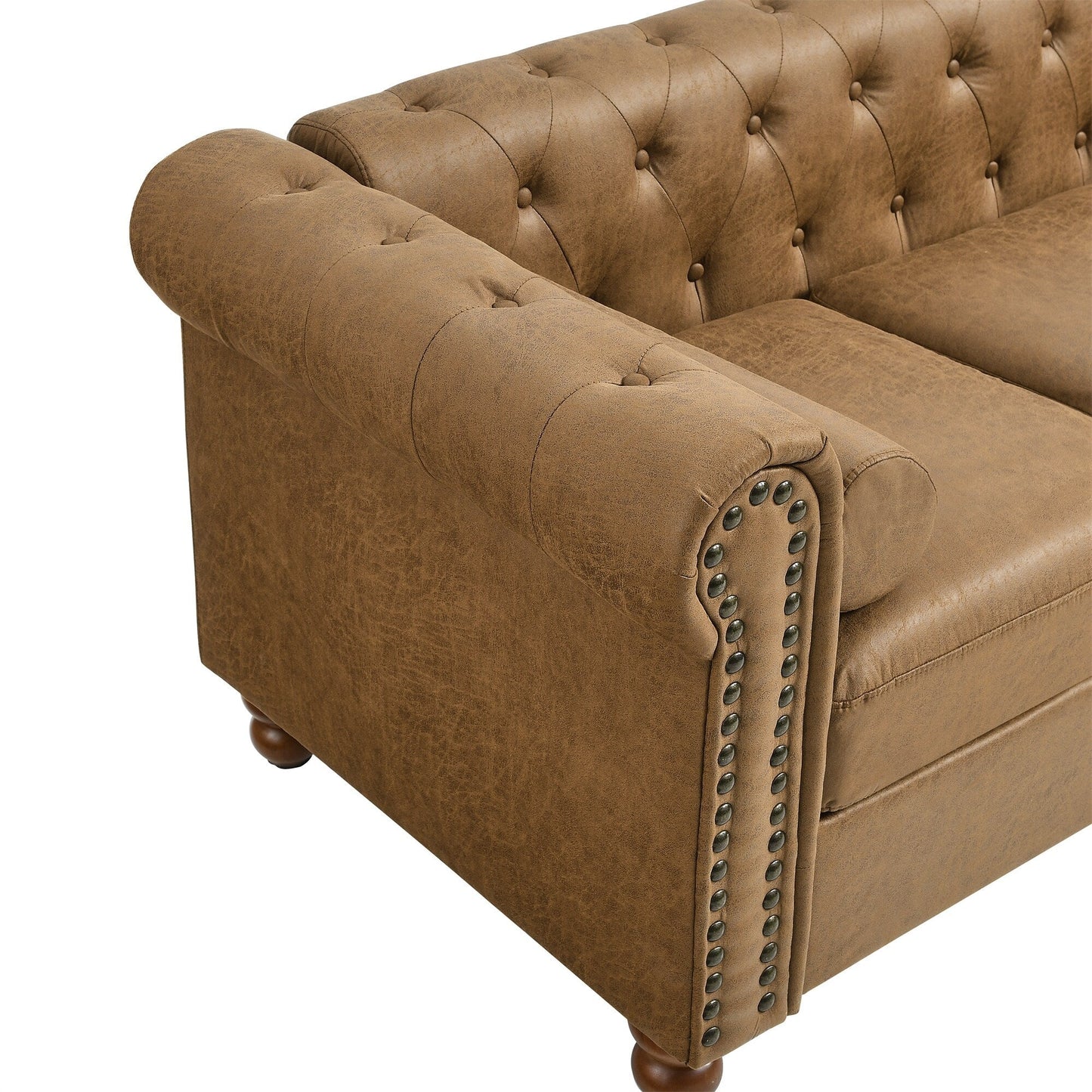 Canapé capitonné en tissu marron 55 avec motif capitonné, 2 appuis-têtes et cadre en bois massif