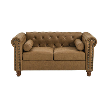 Canapé Chesterfield 2 places capitonné marron 55 po avec 2 appuie-têtes - Revêtement en éponge haute résilience