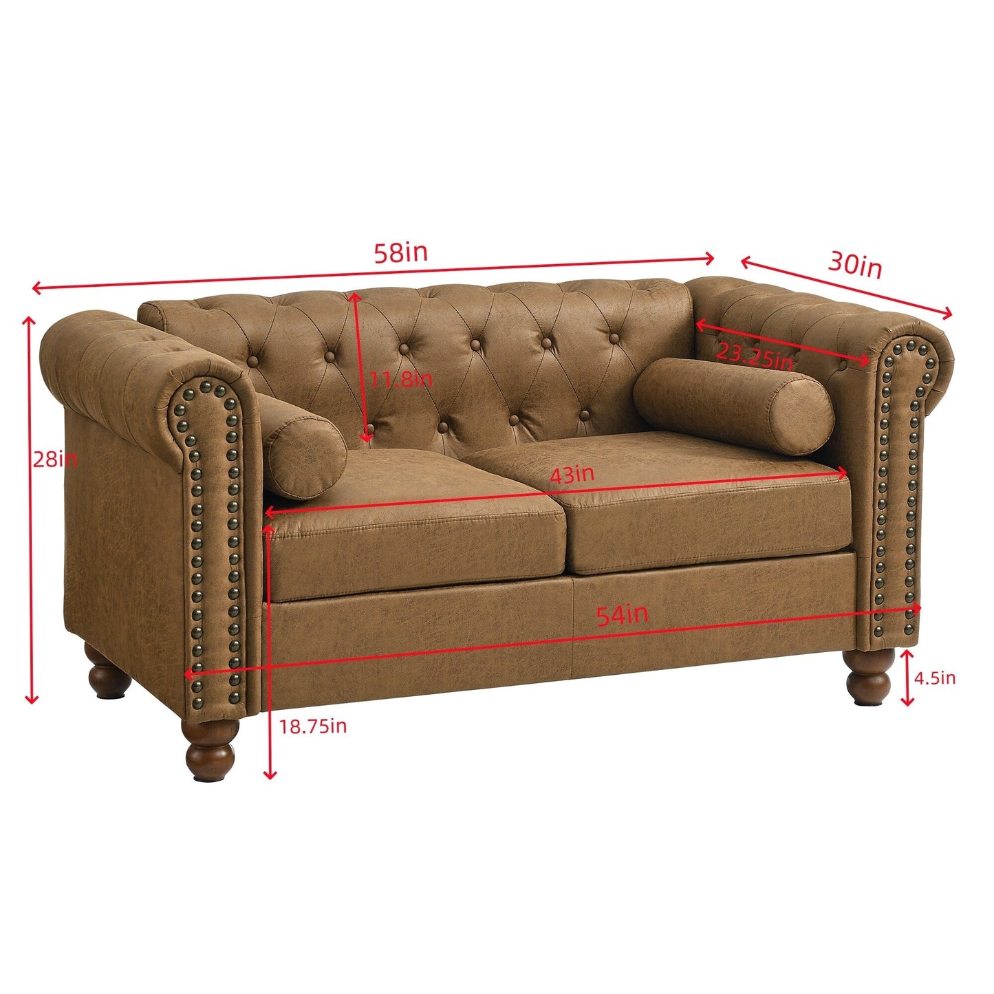 Canapé Chesterfield 2 places capitonné marron 55 po avec 2 appuie-têtes - Revêtement en éponge haute résilience