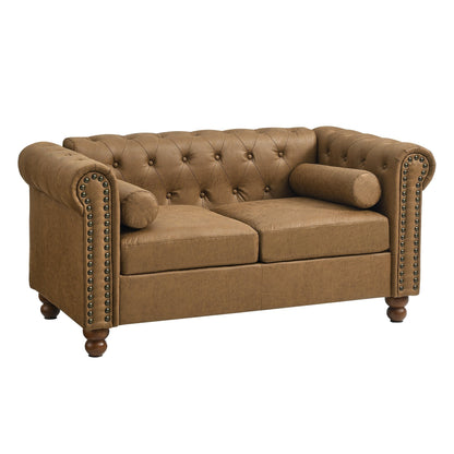 Canapé Chesterfield 2 places rembourré en tissu marron de 55 pouces avec dossier capitonné et 2 appuis-tête
