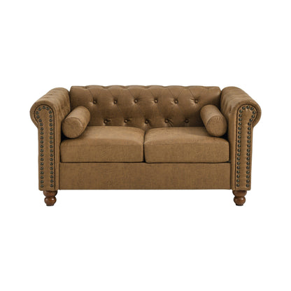 Canapé Chesterfield 2 places rembourré en tissu marron de 55 pouces avec dossier capitonné et 2 appuis-tête