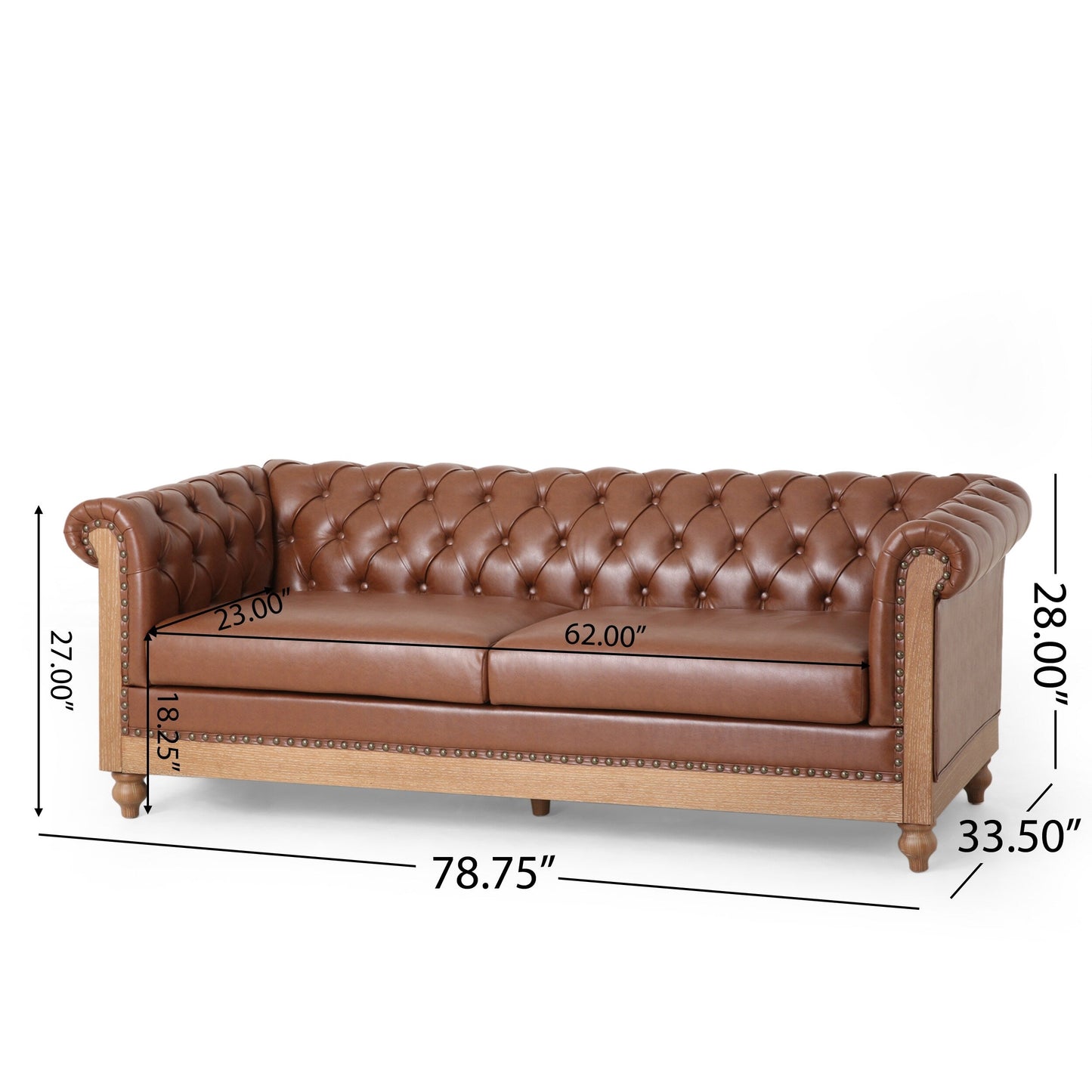 Canapé en cuir synthétique marron de 78,75 pouces avec pieds en bois et style rétro classique