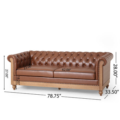 Canapé en cuir synthétique marron de 78,8 pouces avec pieds en bois et design rétro