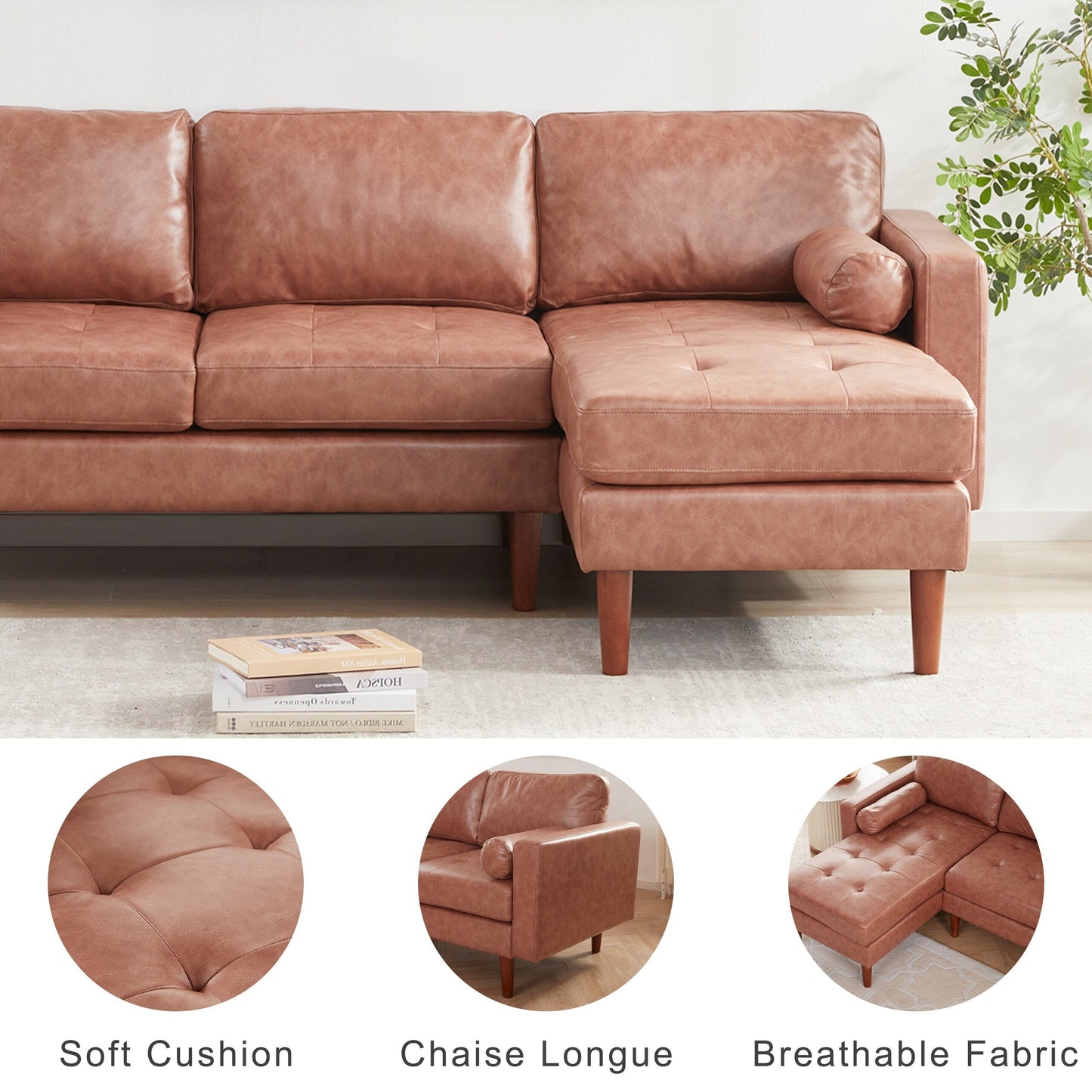 Canapé sectionnel en similicuir marron de 80 pouces, 3 places avec méridienne réversible et coussin capitonné