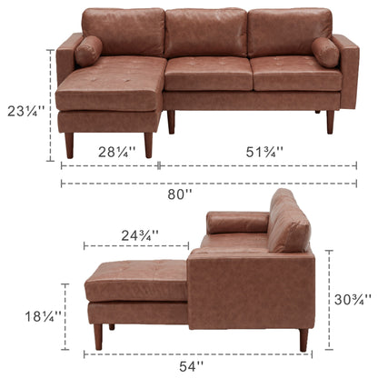 Canapé sectionnel 3 places en similicuir marron de 80 pouces avec coussins capitonnés, méridienne réversible et cadre en bois