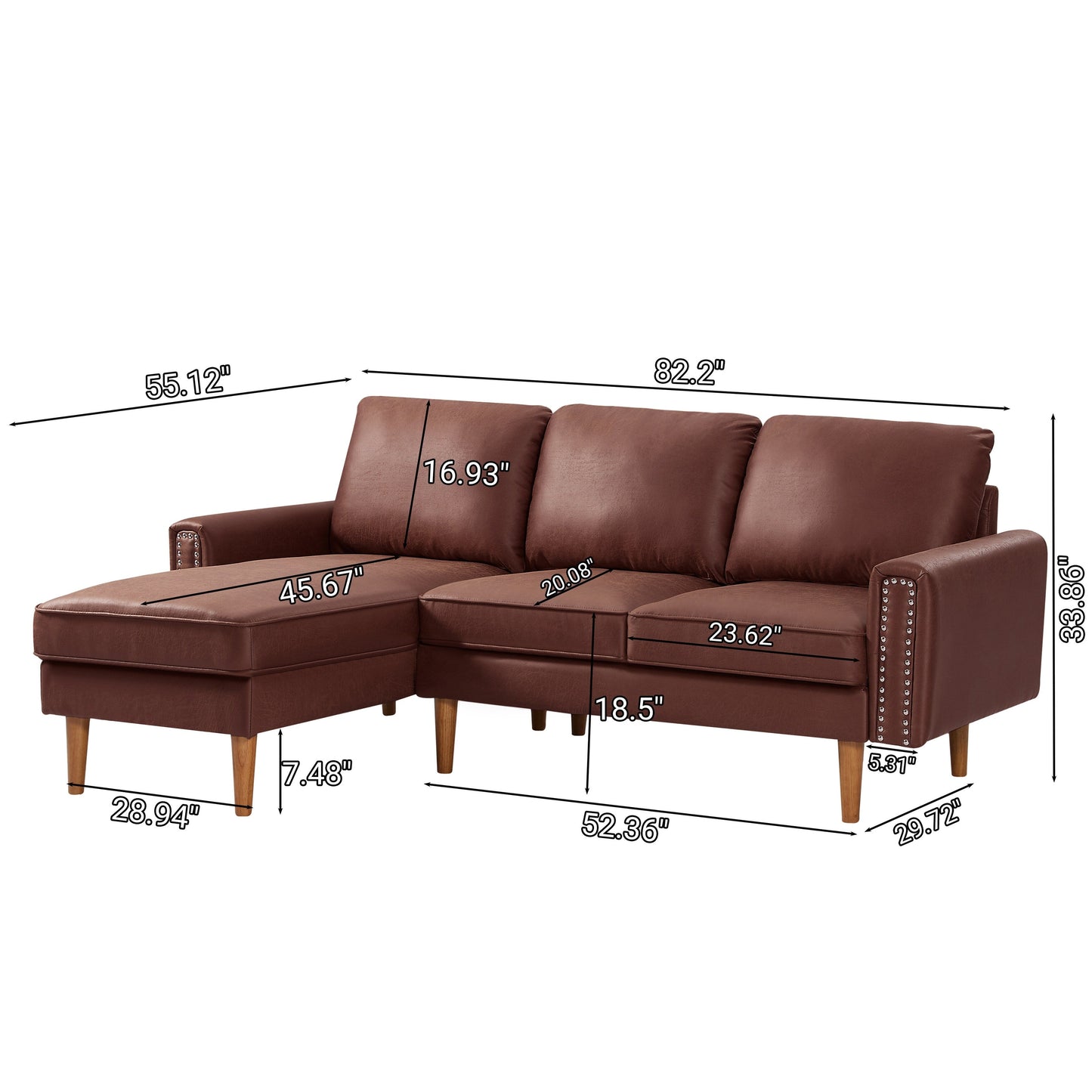 Canapé 3 places en tissu marron 82.2 avec clous en cuivre du milieu du siècle, pieds en bois robustes et méridienne gauche