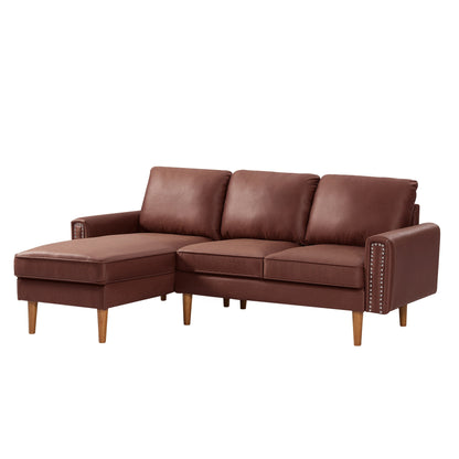 Canapé 3 places en tissu marron 82.2 avec clous en cuivre du milieu du siècle, pieds en bois robustes et méridienne gauche