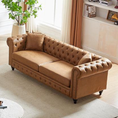 Canapé Chesterfield 3 places en tissu technique marron 85,5 avec accoudoirs roulés et 2 coussins pour le salon