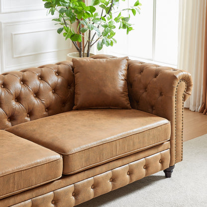 Canapé Chesterfield 3 places en tissu technique marron 85,5 avec accoudoirs roulés et 2 coussins pour le salon