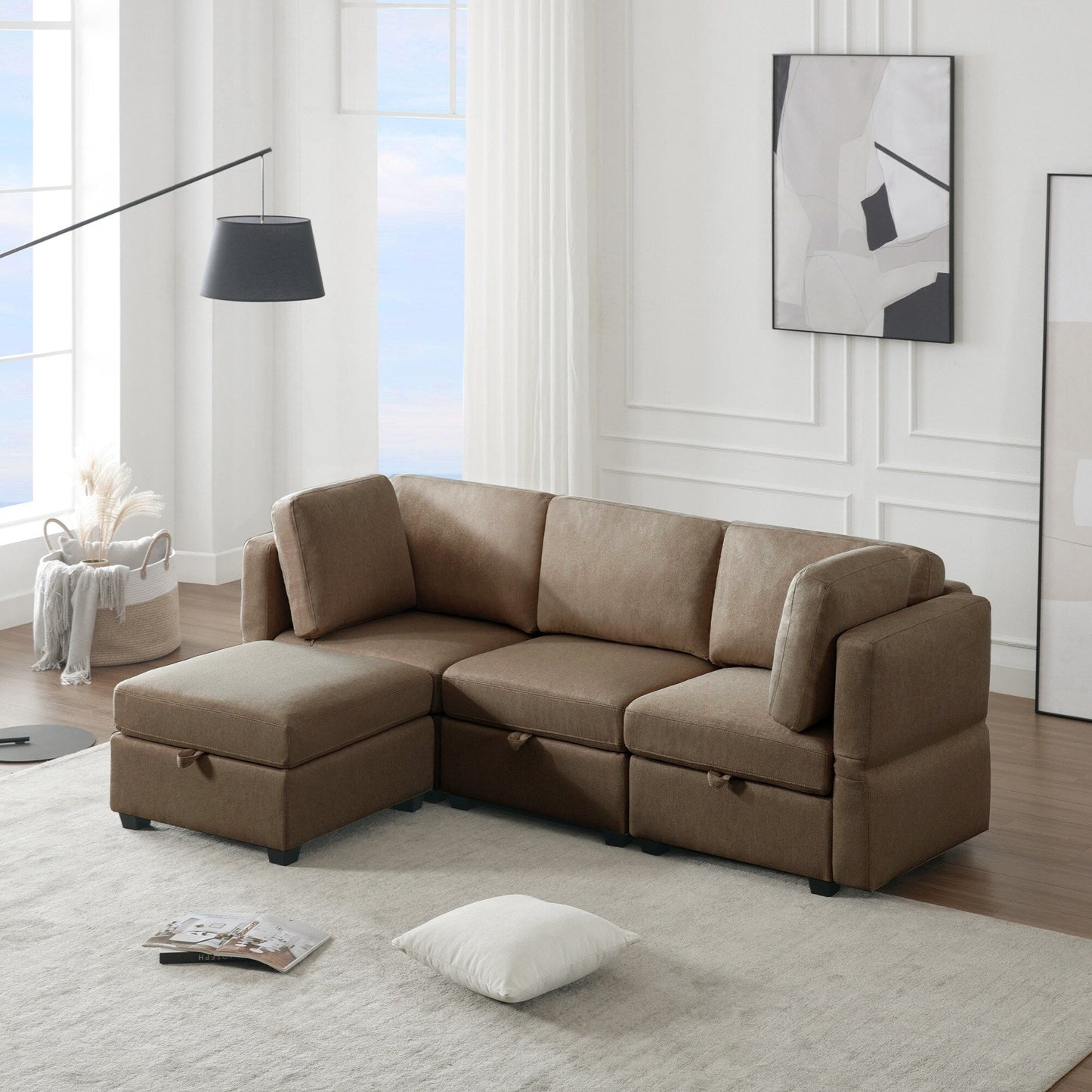 Canapé modulaire 3 places marron de 87,9 po avec pouf, accoudoirs et dossiers réglables, sièges avec rangement et coussins épais