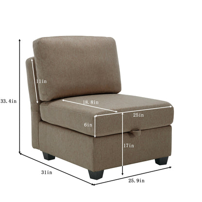 Canapé modulaire 3 places marron de 87,9 po avec pouf, accoudoirs et dossiers réglables, sièges avec rangement et coussins épais