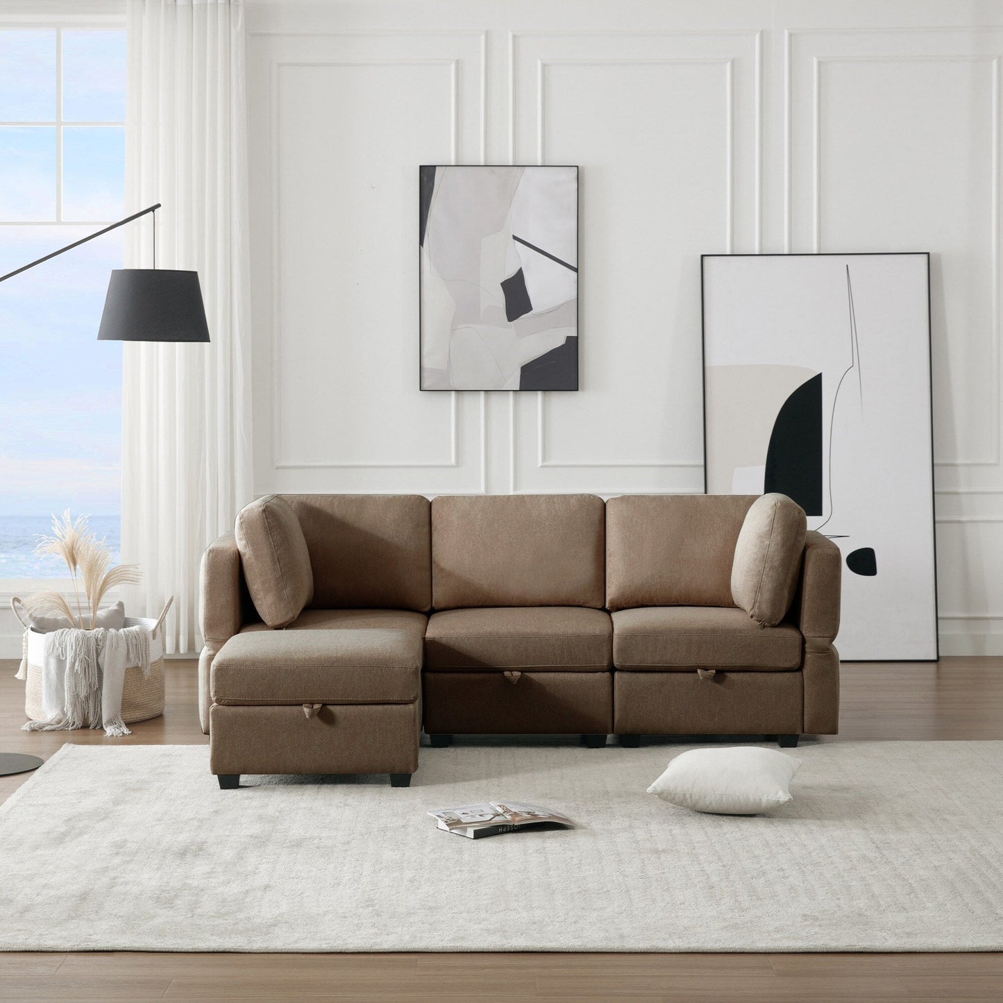 Canapé modulaire 3 places marron de 87,9 po avec pouf, accoudoirs et dossiers réglables, sièges avec rangement et coussins épais