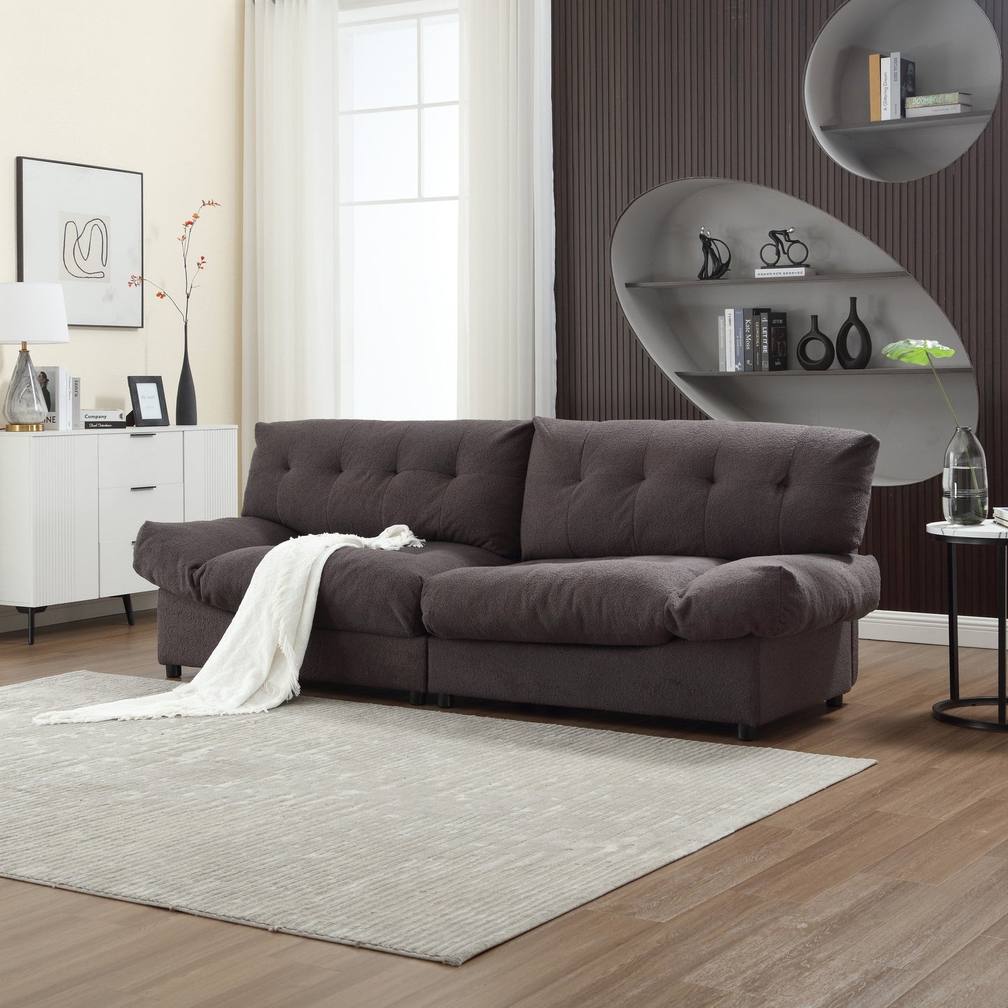 Canapé 2 places en tissu marron 96,46 pouces avec un design rembourré confortable, style nuage et pieds en plastique pour le salon