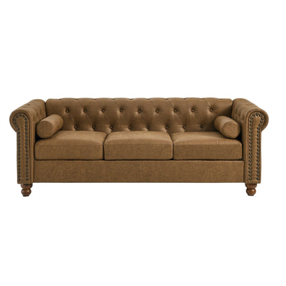 Canapé Chesterfield marron 3 places capitonné avec boutons de 74,5 pouces et coussins pour le salon