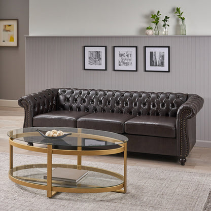 Canapé 3 places Chesterfield marron 84,75, capitonné, avec clous et pieds en bois