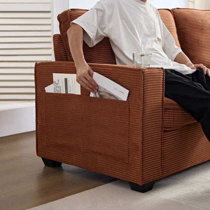 Canapé 3 places en velours côtelé marron avec porte-gobelet et rangement