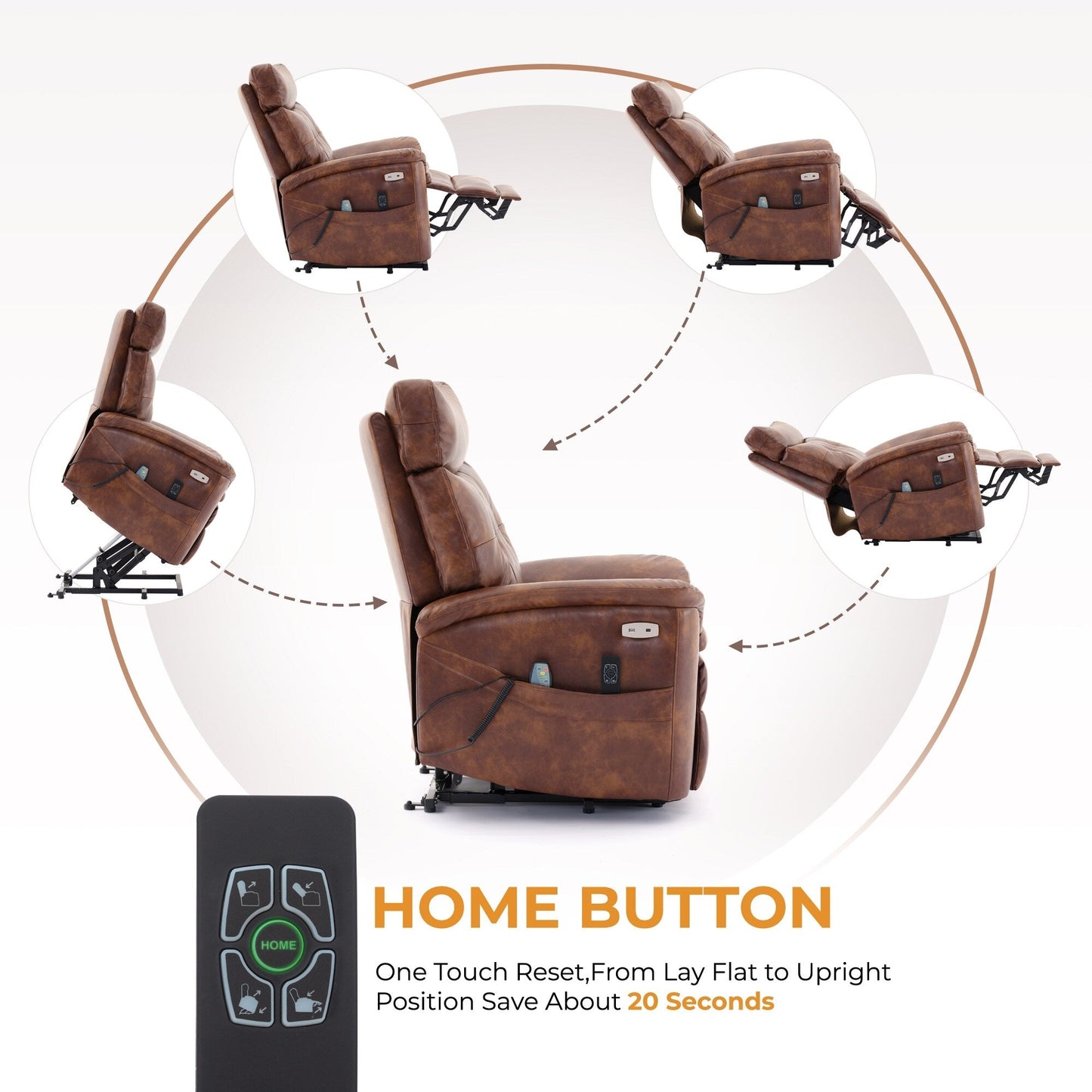 Fauteuil inclinable électrique à double moteur marron avec massage, chauffage, réinitialisation par simple pression, ports USB et Type-C