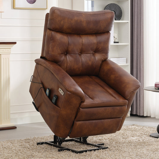 Fauteuil inclinable électrique à double moteur marron avec massage, chauffage et réinitialisation à une touche, ports USB et Type C,