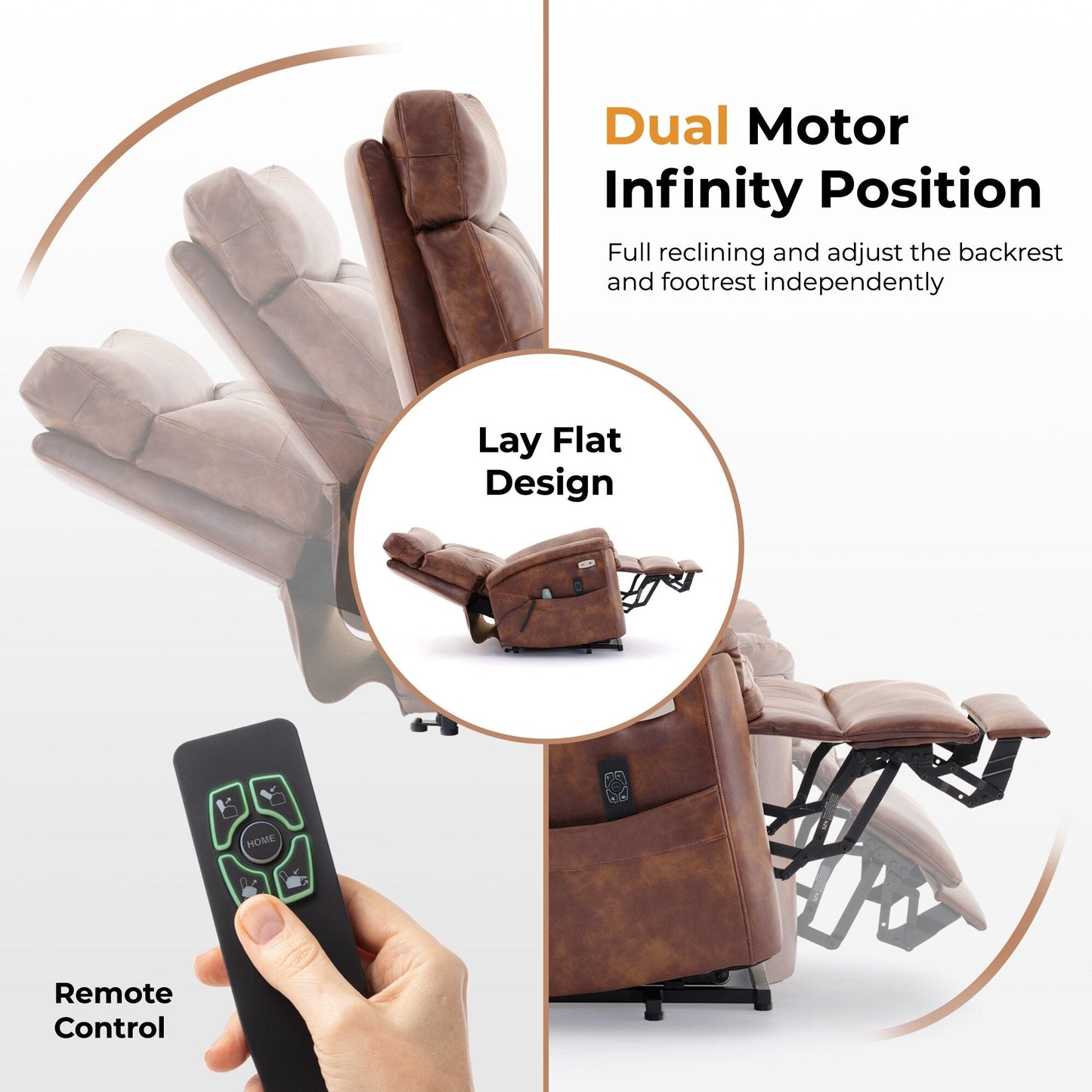 Fauteuil inclinable électrique à double moteur marron avec massage, chauffage et réinitialisation à une touche, ports USB et Type C,