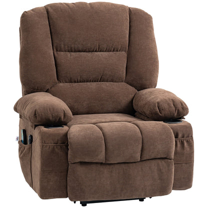 Fauteuil inclinable électrique marron avec massage par vibrations, chauffage, positions réglables, télécommande et poches latérales